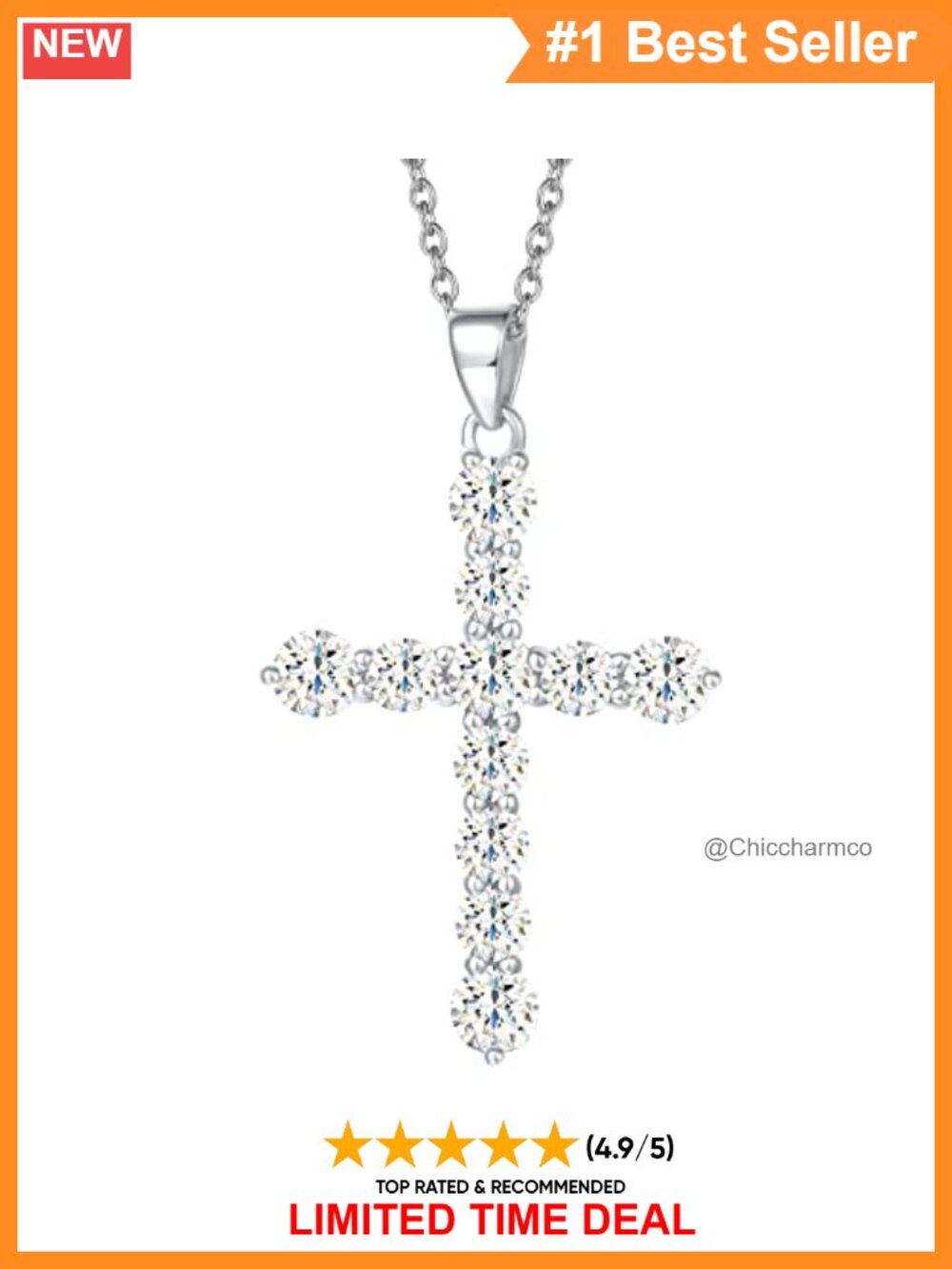 Yellow Gold Plated Sterling Silver Cross Necklace Cubic Zirconia Pendant 18 Inch